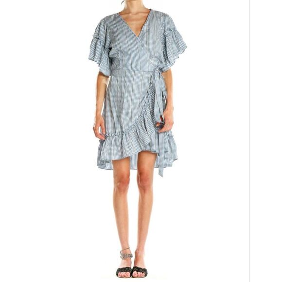New! Max Studio Blue White Gingham Embroidered Stripe Ruffle Wrap Dress, M - Picture 1 of 15